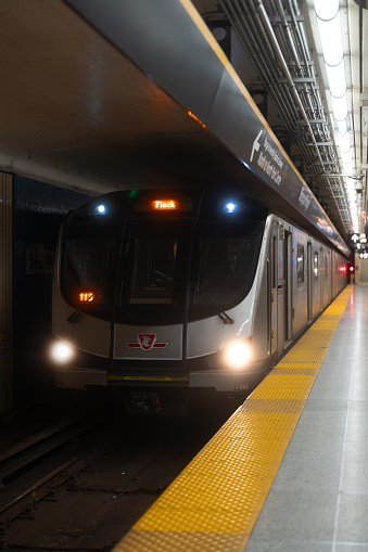 TORONTO, CANADA - February 2, 2024: TTC subway train at Finch station. TTC operated by the Toronto Transit Commission.