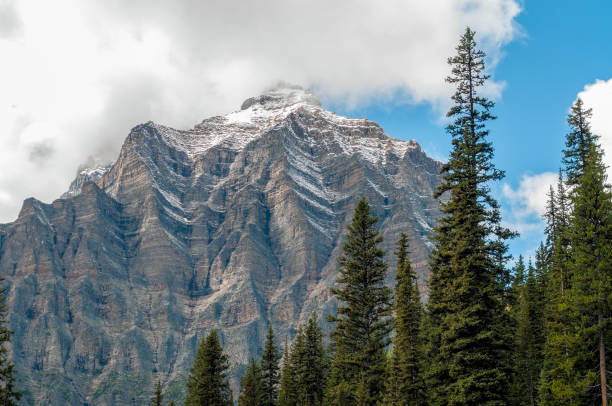 Mountain with snow and sky near Moraine Lake.