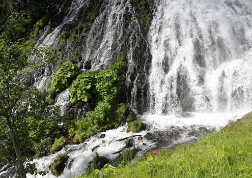 Lush plant life surrounds the twin falls of Oshinkoshin in Shari District. Spring afternoon at the coast of the Sea of Okhotsk.