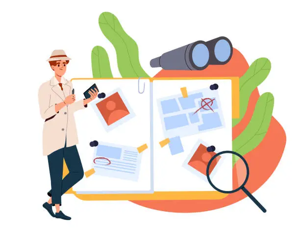 Vector illustration of Detective examines evidence vector concept