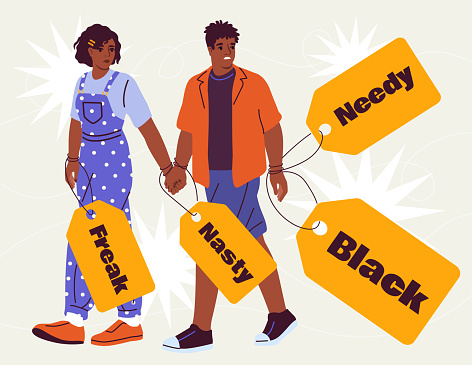 Discrimination and racism concept. Man and woman with price tags with black and freak inscription. Tolerance and unity, respect. Cartoon flat vector illustration isolated on yellow background