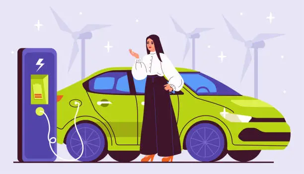 Vector illustration of Woman with electric car vector