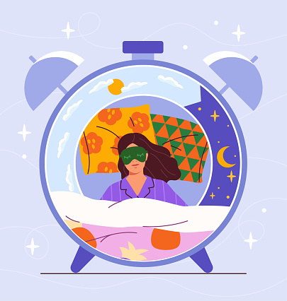 Circadian rhythm concept. Woman in sleeping mask lying at pillows. Rest and recuperation, wellbeing. Correct daily routine and regime, healthy lifestyle. Cartoon flat vector illustration