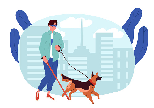 Blind man with dog. Young guy with puppy at leash. Person with disability walk in city. Guiding companion with pedestrian. Cartoon flat vector illustration isolated on white background