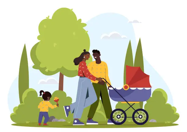 Vector illustration of Family walk with baby stroller vector