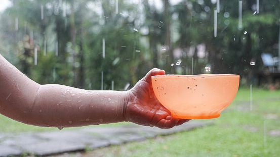 A child's hand, outdoors, with a container collecting rainwater.