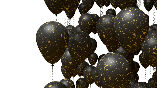 Black balloons with golden flakes texture isolated on white background. 3d illustration