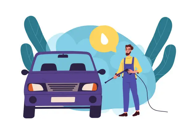 Vector illustration of Man washes car vector concept