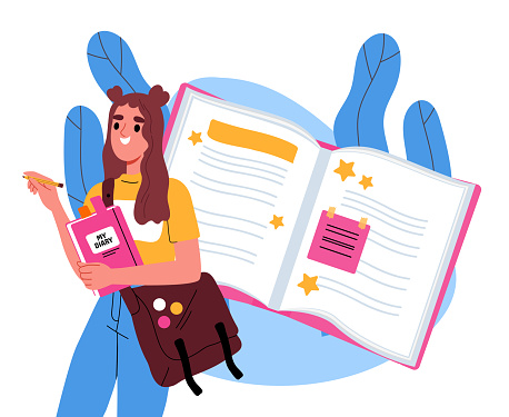 Woman with diary concept. Young girl near notepad paper with backpack. Memories and plans, targets and tasks. Planning and scheduling, time management. Cartoon flat vector illustration
