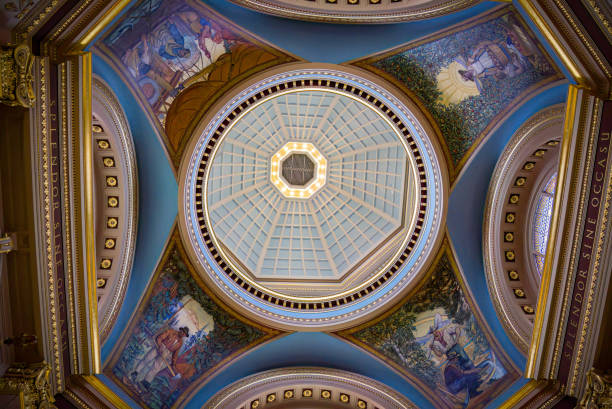 Modern ceiling with skylights and lighting equipment in subway, background with copy space, Sydney Gadigal Metro station, full frame horizontal composition