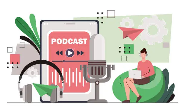 Vector illustration of Woman with podcast vector concept