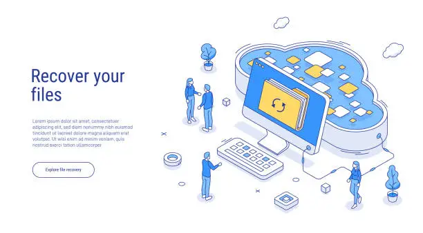 Vector illustration of Recover your files using a backup on secure cloud storage. Restore important data. Isometric cloud technology. Outline style. Big data or server equipment. Group people, characters.