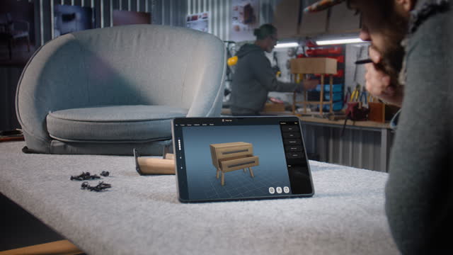Designer creates 3D model of wooden bedside table using digital tablet and stylus
