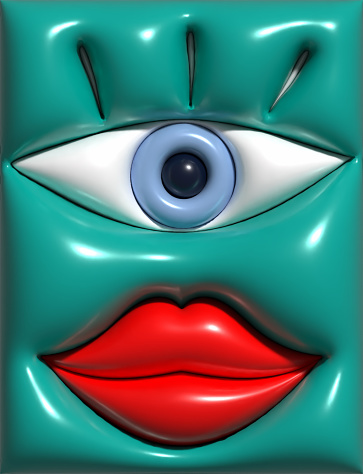 Eye with eyelashes and red pouty lips on green background, 3D rendering illustration