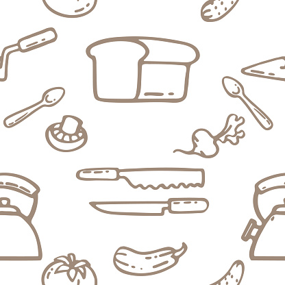 Seamless pattern with cooking kitchen symbols doodle style vector illustration on white background.