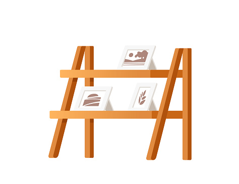 Wooden stand shelf with picture frames vector illustration isolated on white background.