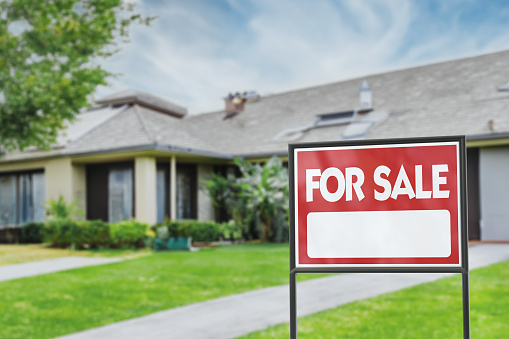 3d Render Real Estate Sign in Front of a House with a Garden for Sale