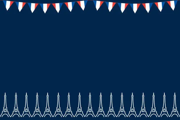 Vector illustration of French flag bunting Eiffel background for Bastille Day. French: drapeau Français. Tricolour blue white red backdrop design vector illustration