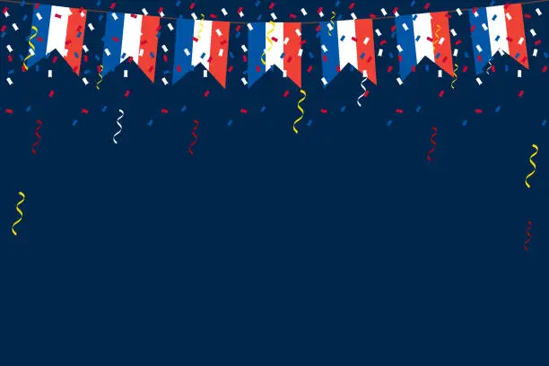 Vector illustration of French flag bunting Eiffel background for Bastille Day. French: drapeau Français. Tricolour blue white red backdrop design vector illustration