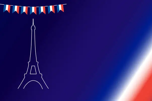 Vector illustration of French flag bunting Eiffel background for Bastille Day. French: drapeau Français. Tricolour blue white red backdrop design vector illustration