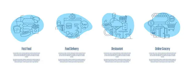 Vector illustration of Fast Food, Food Delivery, Restaurant, Online Grocery Onboarding App Screens Vector Illustration