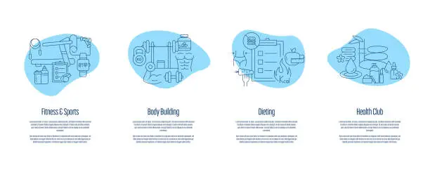 Vector illustration of Fitness and Sports, Body Building, Dieting, Health Club Onboarding App Screens Vector Illustration