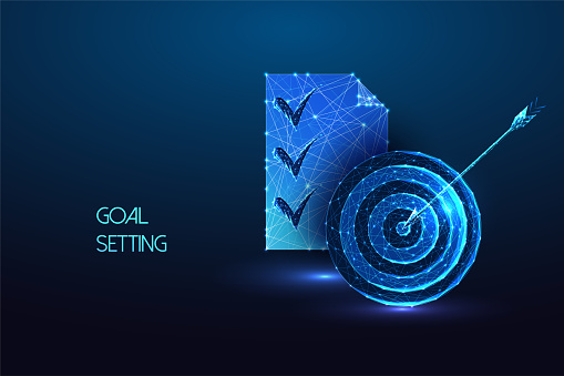 Goal setting, strategic planning futuristic concept with target symbol and task list in glowing low polygonal style on dark blue background. Modern abstract connection design vector illustration.
