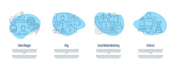 Vector illustration of VLOG, Podcast, Social Media Marketing Onboarding App Screens Vector Illustration