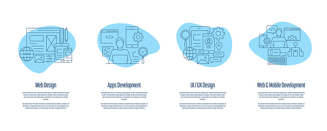 Web Design, Apps Development, UI/UX Design, Web and Mobile Development Onboarding App Screens Vector Illustration