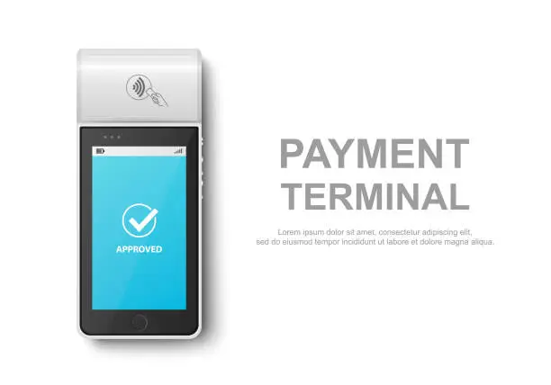 Vector illustration of Vector 3d Realistic White NFC Payment Machine with Approved Status. Design Template for Bank Payment Contactless Terminal. Mockup of a Payment POS Terminal. Top View