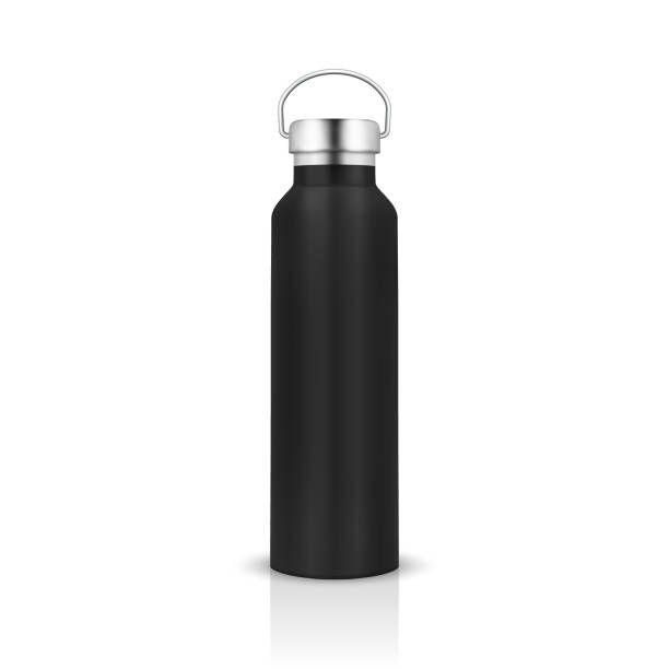 istock Vector Realistic 3d Black Color Metal or Plastic Blank Glossy Reusable Water Bottle with Silver Bung Closeup Isolated on White Background. Design Template of Packaging Mockup. Front View 2084777580