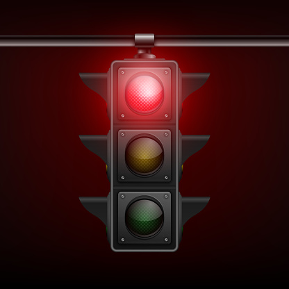 Vector Realistic Hanging Traffic Light with Glowing Red Prohibiting Signal Isolated on Black Background.