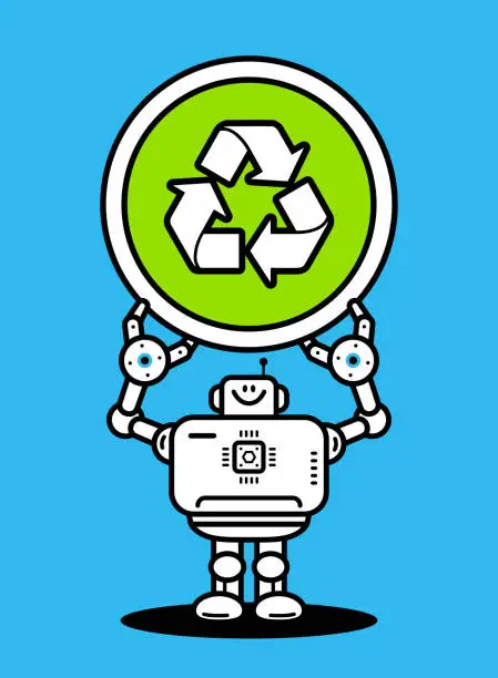 Vector illustration of An Artificial Intelligence Robot holds a big Recycling symbol sign