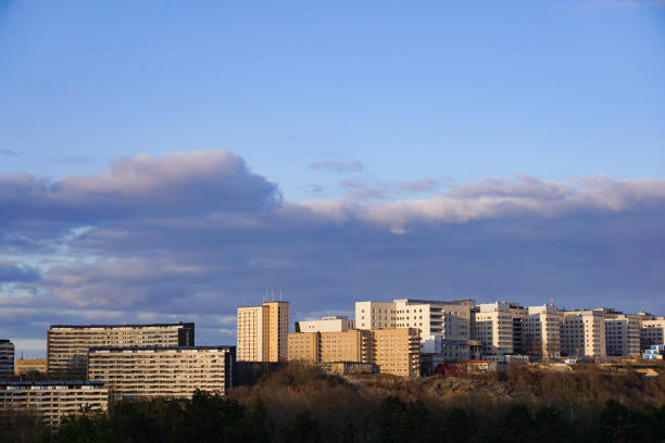 High angle view of buildings against sky