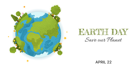 Happy Earth Day. Environmental protection. Banner in cartoon style with planet Earth, trees, flowers and slogan. Caring for Nature. Vector illustration for social media post, celebration card and etc.
