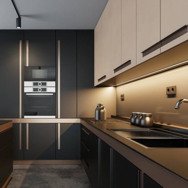 istock Luxury Black Modern minimalist kitchen on two walls. Dark materials. 2084845519