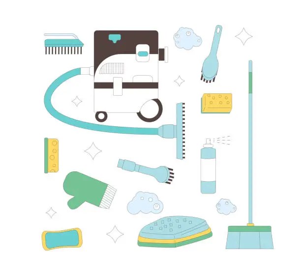 Vector illustration of Housekeeping tools set. Cleaning home items and equipment. Vacuum, gloves and brushes with bucket bottles. Vector illustration.