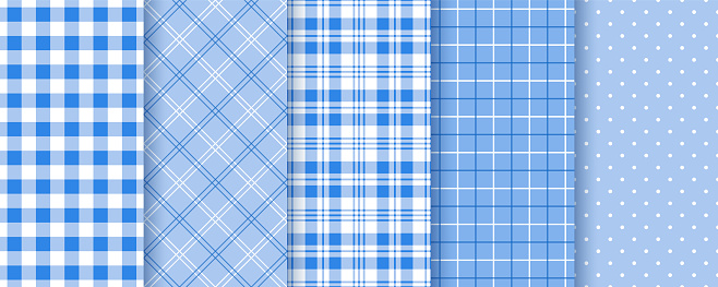 Table cloth seamless pattern. Check tablecloth background. Set checkered kitchen prints. Picnic blue napkin texture. Plaid cloth backdrop. Retro gingham wallpaper in squares. Vector color illustration