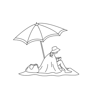 Woman reads the book on the beach sitting under the umbrella. Vector isolated illustration in line style.