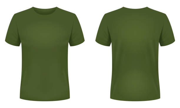 ilustraciones, imágenes clip art, dibujos animados e iconos de stock de plantilla de camiseta caqui en blanco. vistas frontal y trasera. ilustración vectorial. - camisetas