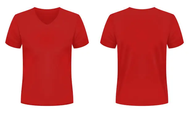 Vector illustration of Blank red V-neck t-shirt template. Front and back views. Vector illustration.