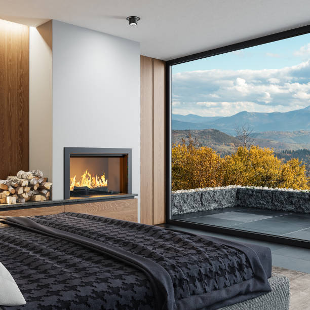 istock Modern minimalist bedroom with fireplace 2084858840