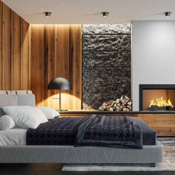 istock Modern minimalist bedroom with fireplace 2084858845