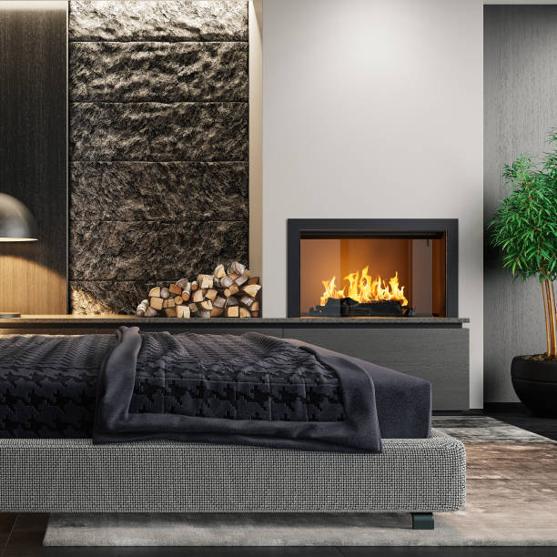 A cozy living room showcasing a stone fireplace, elegant dining area, and modern decor. the warm ambiance is enhanced by brown accents and comfortable seating.