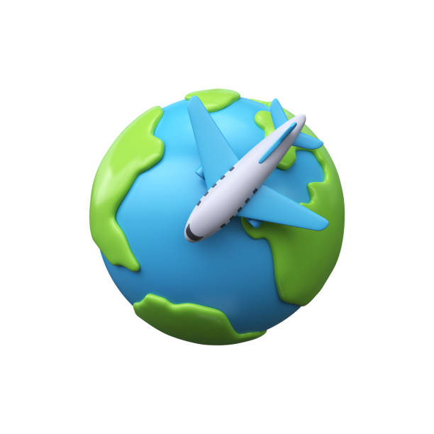 istock 3D Airplane and globe icon. Airplane flies around the earth 2084862442