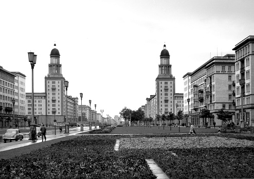 Boulevard Stalinallee at Frankfurter Tor. in East Berlin with residential buildings in the Soviet-inspired confectionery style - German Democratic Republic