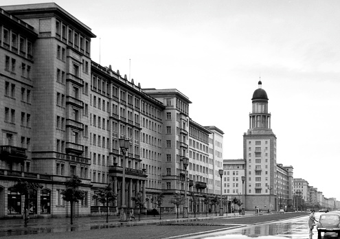 Boulevard Stalinallee at Frankfurter Tor. in East Berlin with residential buildings in the Soviet-inspired confectionery style - German Democratic Republic