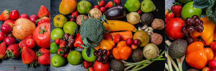 horizontal image of different fresh fruits and vegetables in the market place