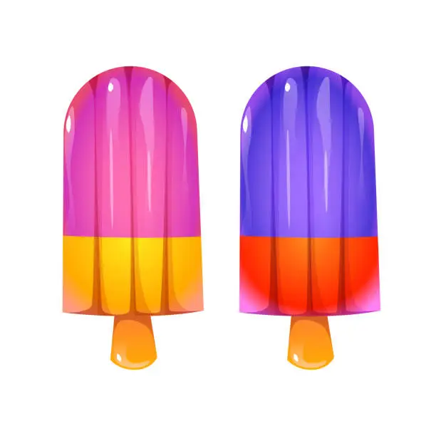 Vector illustration of Vector fruit popsicle colorful ice creams on wooden stick set