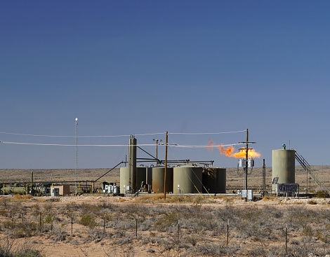 Natural gas vented and flared in the Permian Basin near Carlsbad, New Mexico, USA.